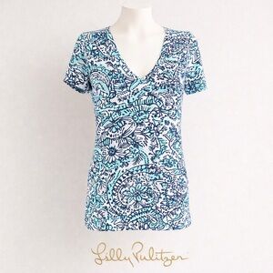 Lilly Pulitzer V-Neck Cotton Stretch Top Blue Green Paisley Print Short Sleeve M